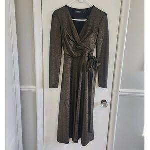 Lauren Ralph Lauren Black Label Size 2 Faux Wrap Dress Tie Gold Shimmer Cocktail